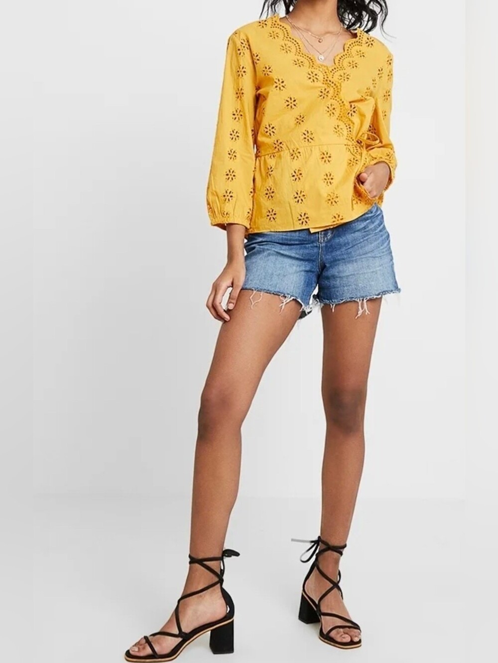 Madewell Wrap Blouse Yellow Scalloped Eyelet Size L
